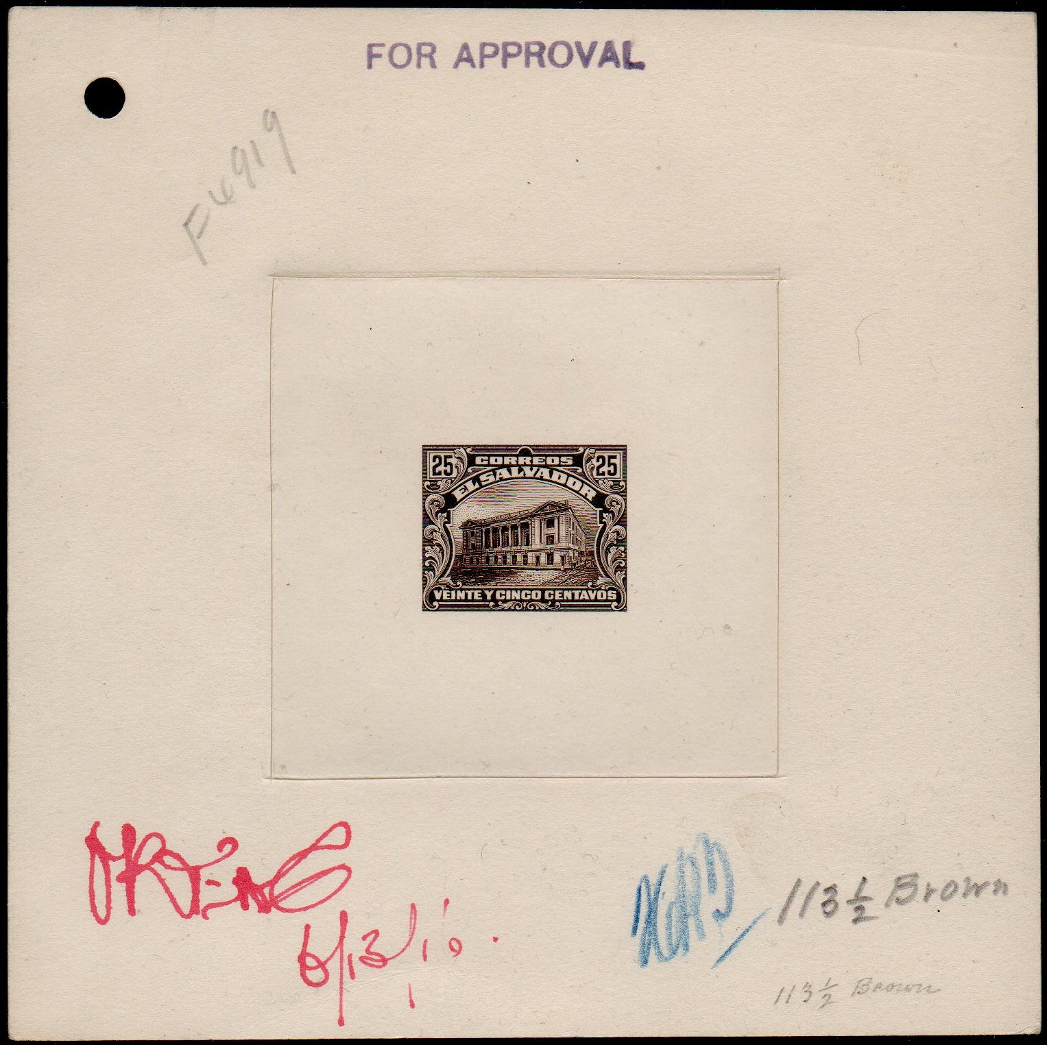 ABN Co. stamp archive working die proof of 25c - front - timbres-poste Briefmarken stamps El Salvador Tram Trolley Tranvia National Theatre teatro nacional 